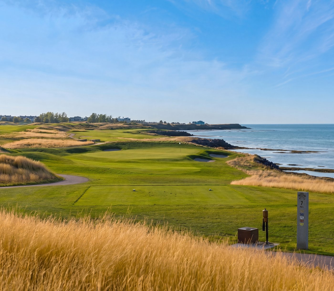 The Ocean Course seventh hole, tee to green, running out along the Northumberland Strait